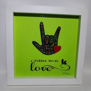 Cute colorful Alphabet letters Resin I LOVE YOU "American sign language" Printed handcrafted fonts for creative project of design Black LOVE. Simple to find 4 hidden words - Cool, ASL, Deaf and Love. Shadow Box is measuring 8"x8"x1" deep Framed and Background is Lime. JUst ready to hang on wall or stand upright on Table or Vertical Photo Frame. Signature: Belinda