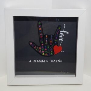 Mix multi I LOVE YOU Alphabet beads letters and words Resin framed on the black background. The Acrylic plastic cutter I LOVE YOU handshape. I LOVE YOU Resin handshape measuring is 3.5" wide x 4" height. Printed handcrafted fonts for creative project of design white vinyl LOVE. A Perfect Gifts for many different Occasion! Simple to find 4 hidden words - DEAF, COOL, ASL and LOVE. Signature: Belinda Ready to setting or hanging . Measuring: Shadow box is 7"x7"x1 deep