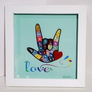 Cute I Love You quilling Framed "America sign language" Printed handcrafted fonts for creative project of design colorful LOVE. Simple to hang on wall or stand upright on Table or Vertical Photo Frame. Shadow Box is measuring 7"x7"x1" deep Framed and Background is Beautiful Aqua cardstock paper. Ready to hang on wall or stand upright on the Table or Vertical Photo Frame. Signature: Belinda