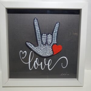 Very cool ASL I LOVE YOU Alphabet letters "American Sign Language" Gift for Birthday, Mother's day, Anniversary, Graduation. Easy to find 8 hidden words - Gesture Emoji, Admire, Love, Sign language, XOX, True Love, ASL and ILY Sign. Shadow Box is measuring 10"x10"x1 deep. Ready to hang on wall, shelf or Vertical Photo Frame. Signature: Belinda