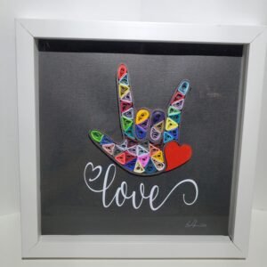 Beautiful colorful quilling I LOVE YOU "American Sign Language". Printed handcrafted fonts for creative project of design White LOVE. A Perfect Gift for Birthday, Mother's day, Graduation, and different Occasion to surprised your friend and family. Shadow Box is measuring 10"x10"x1 deep framed. Ready to display Artwork framed stand upright or Vertical Photo stand on the Table and hang on wall. Signature: Belinda