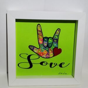 Colorful quilling I LOVE YOU Frame with red heart. I LOVE YOU measuring is 3.5" wide x 4" height. Printed handcrafted fonts for creative project of design Medium Black LOVE. Background color is Lime cardstock paper. Ready to setting or hanging.