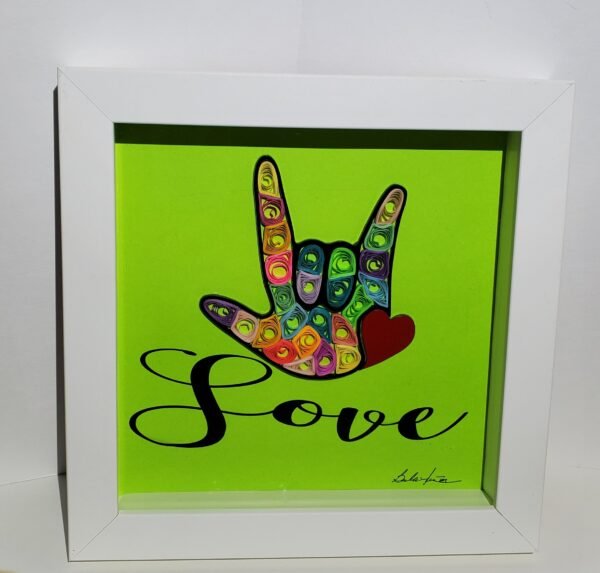 Colorful quilling I LOVE YOU Frame with red heart. I LOVE YOU measuring is 3.5" wide x 4" height. Printed handcrafted fonts for creative project of design Medium Black LOVE. Background color is Lime cardstock paper. Ready to setting or hanging.